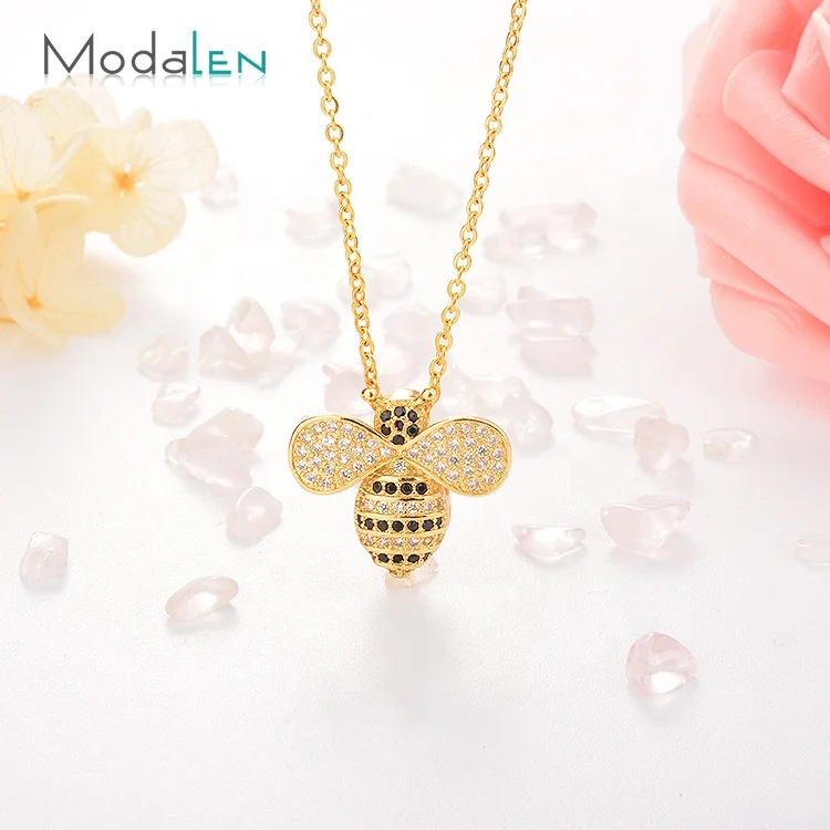 

Modalen Stainless Steel Cute Bee Insect Gold Filled Charm Crystal Necklace, Yellow gold