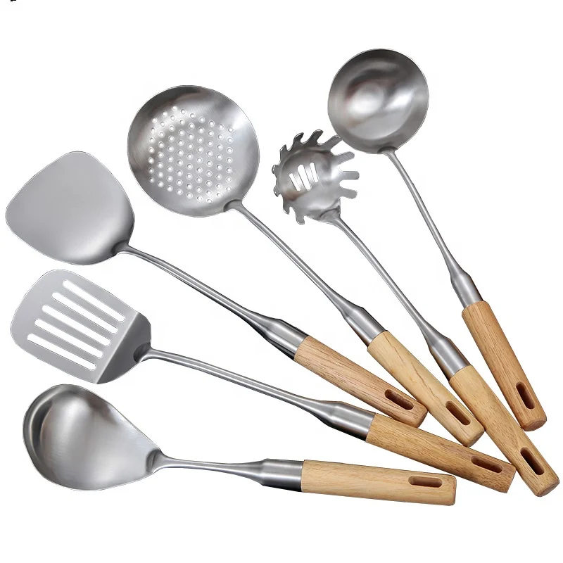 Kitchen Utensil Set 6 pcs Premium Cooking tools with wood Handles Pasta fork, Soup Ladle, Turner, Slotted Turner