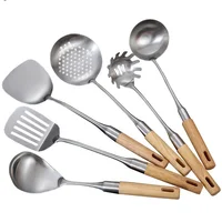 

Kitchen Utensil Set 6 pcs Premium Cooking tools with wood Handles Pasta fork, Soup Ladle, Turner, Slotted Turner