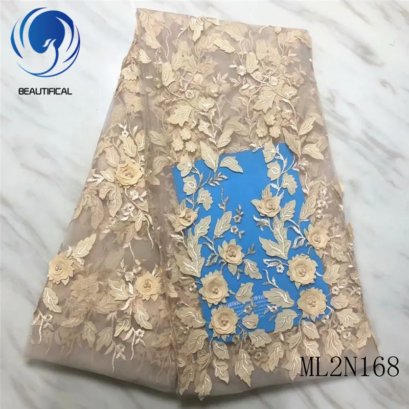 

Beautifical high quality african dressing beads gold rose french lace 3D tulle fabric ML2N168, Can be customized