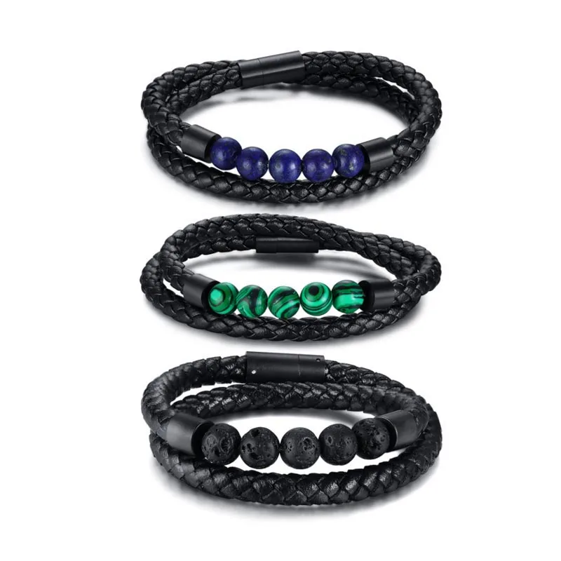 

Europe Popular Stainless Steel Braided Leather Bracelet Genuine Double Wrap Malachite Beaded Bracelet Leather For Men, Black