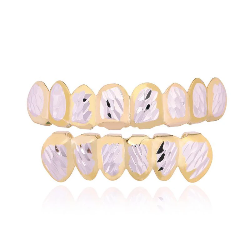 

two tone Color D-Cut 8 Top Teeth Grillz Set With Silicone HipHop Jewelry Gift TG168, Two tone gold