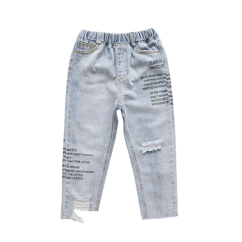 
Good Quality Girls Fashionable Spring Washed Denim Pants Kids Letter Printed Jeans 