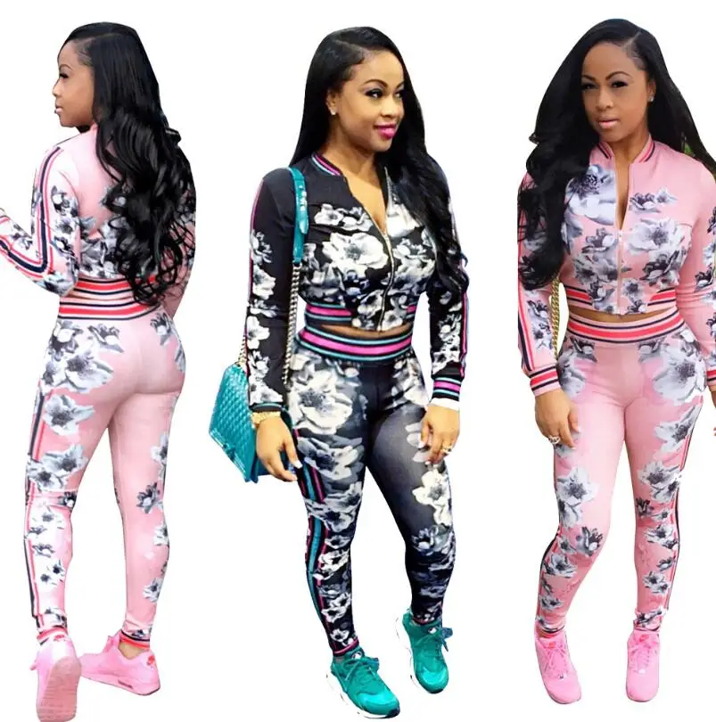

Spring Fashion Long Sleeve Digital Printed Crop Top Tracking Suit Two Piece Set Women, Pink;black