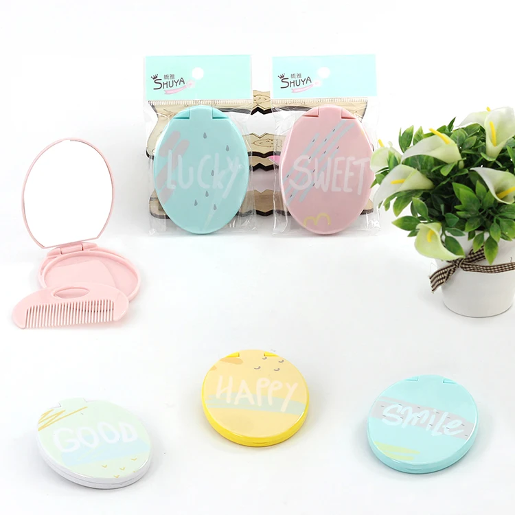 

Portable cute oval simple design makeup plastic pocket mirror with comb, White pink blue yellow