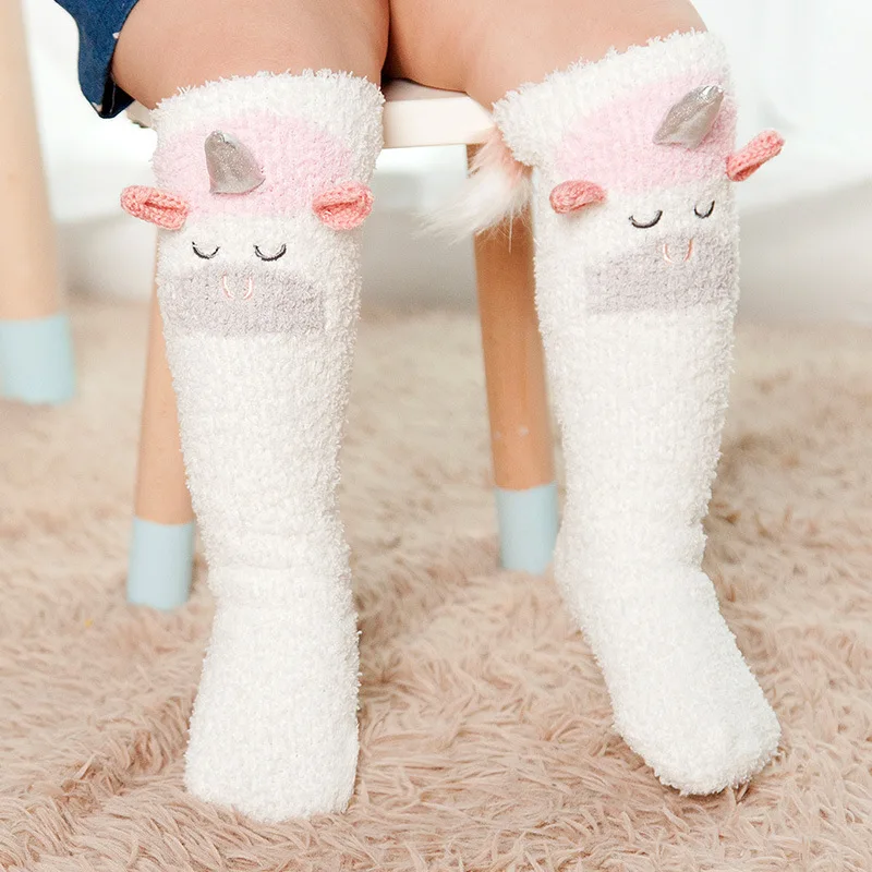 

Cute Animal Fuzzy Unicorn Baby Girls Boys Knee High Socks, As shown