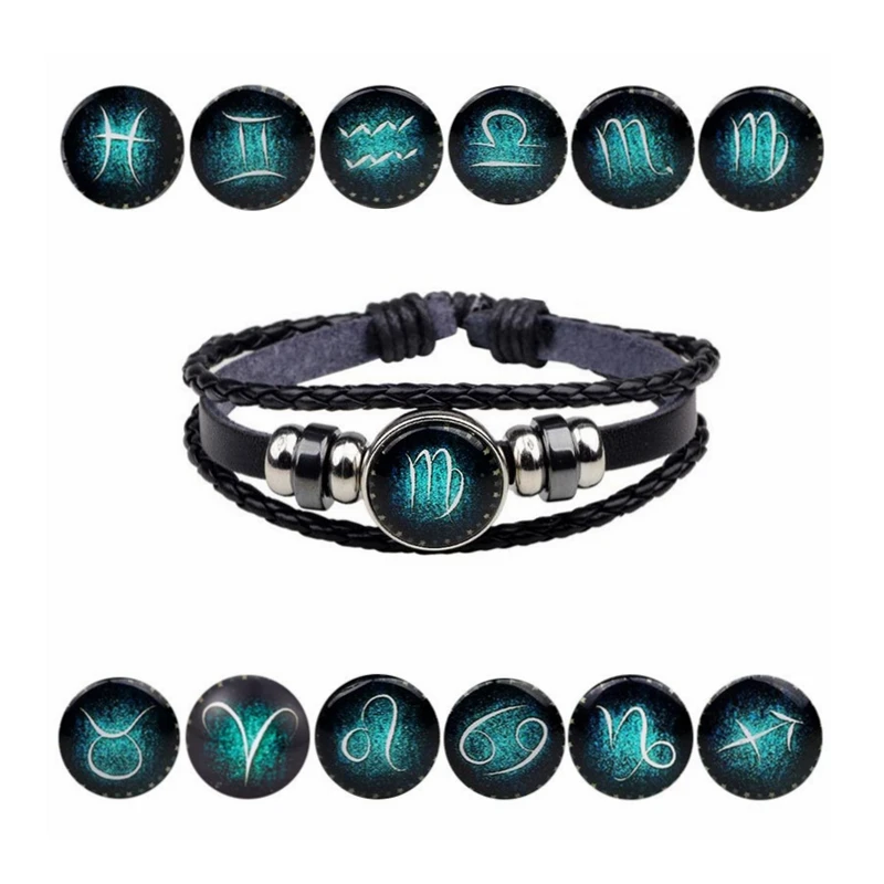 

Braided Leather Jewelry Bracelet Handmade Fashion Glowing Horoscope Jewelry Star Sky Zodiac Bracelet