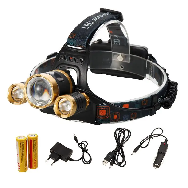 

6000 lumens rechargeable led headlamp 3T6 head flashlight torch xml t6 head lamp waterproof lights headlight with 18650 battery, Gold