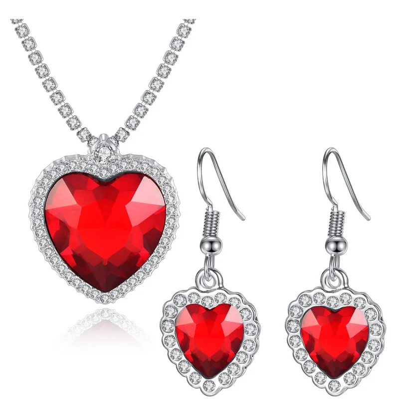 

Wholesale red blue Classic fashion necklace earring set Titanic Heart of Ocean Crystal jewelry set N0021