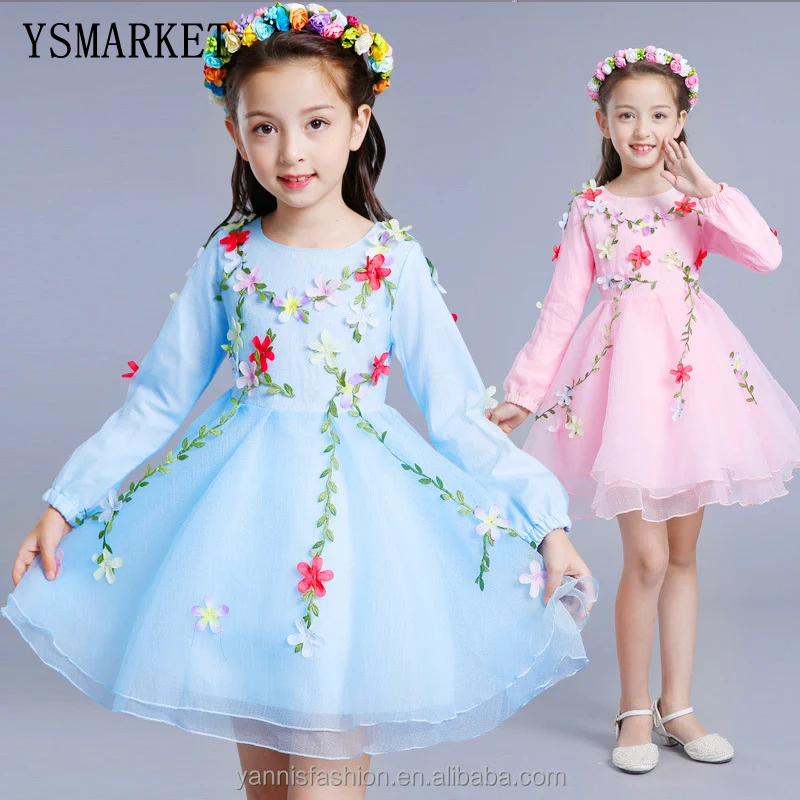 

YSMARKET Children's Clothing Dress Autumn New Flower Fairy Princess Dress Long-Sleeved Party Pompon Dress E1730, Can be customized