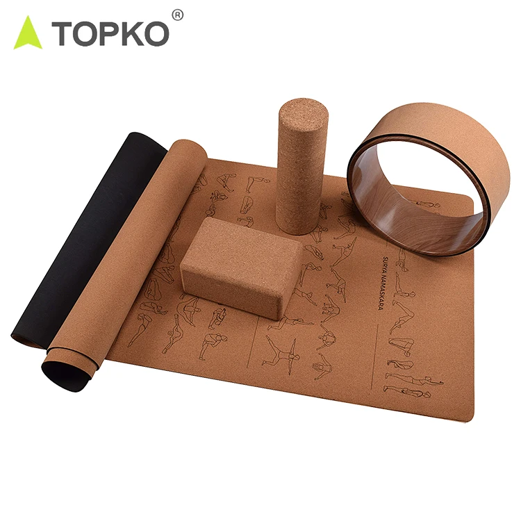 

TOPKO Wholesale durale eco-friendly material portable Non-slip Natural Cork Rubber Yoga Mat Set