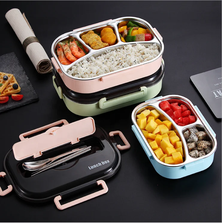 

China Flatware Set Built-in Stainless Steel Potlock Food Packaging 2 3 4 5 Compartments heated waterproof Lunch Box, Blue/green/pink