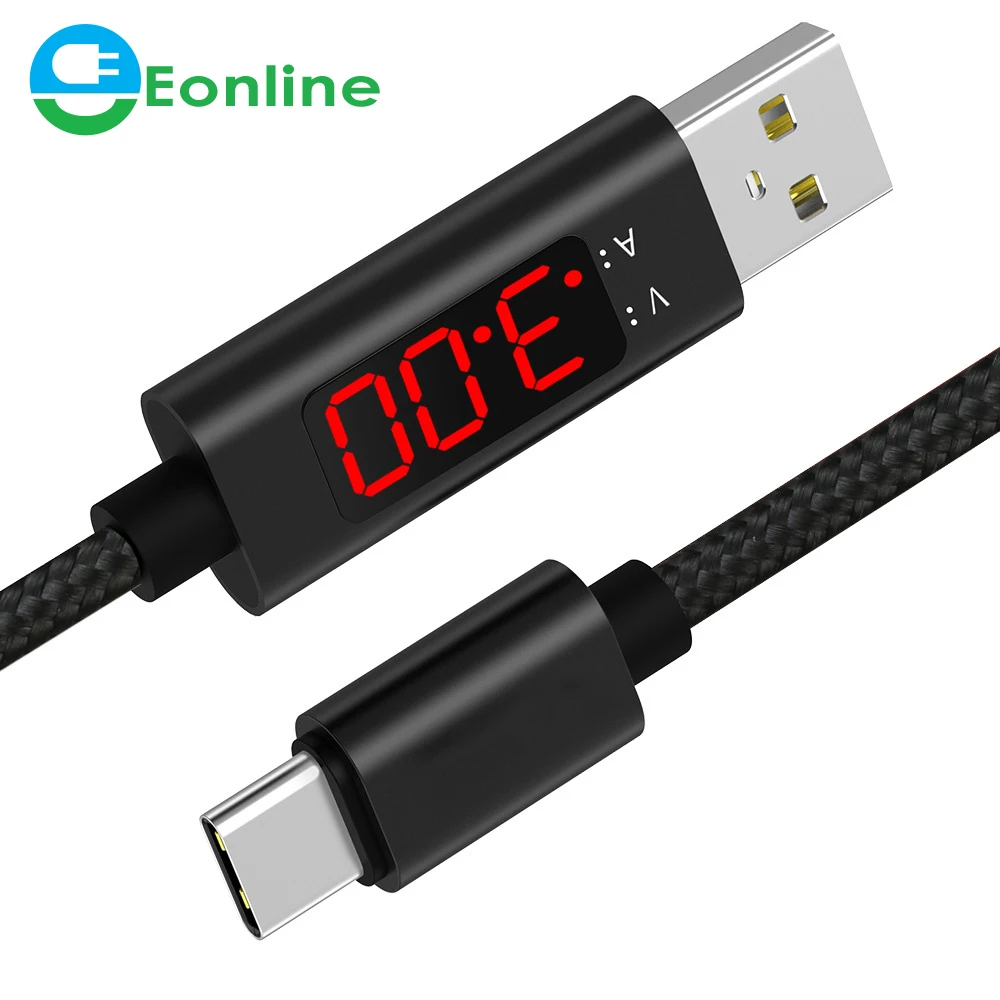 3A USB Type C Cable QC 3.0 Fast Charging LCD Voltage and Current Display Nylon Braided USB C Data Sync Cable