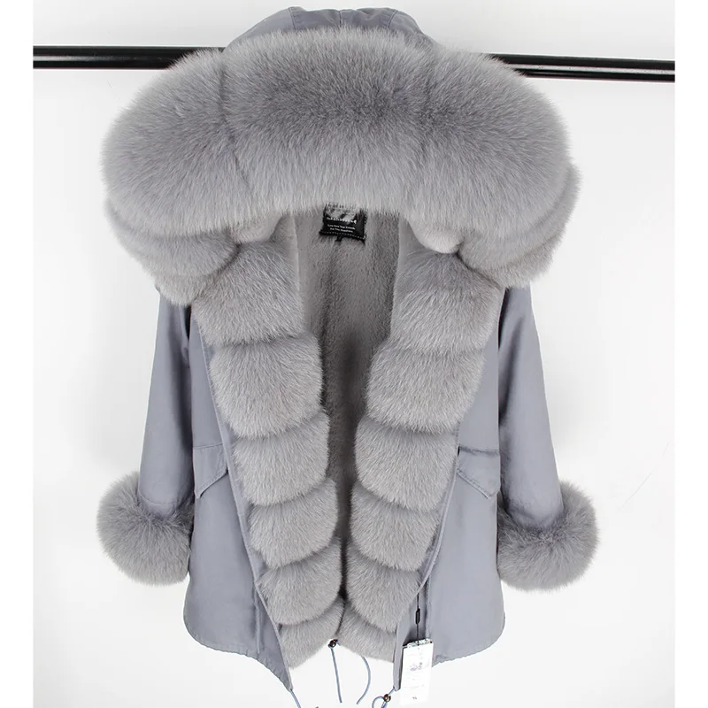 Gray Real Fox Fur Jacket Coats Women Fashion Real Fur Coat Long Parkas Winter Black Parka