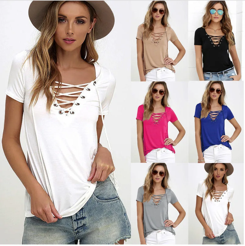 

Ebay Amazon Hot sell 2017 summer new Sexy Sheer Blouses Women Tops shirts Ladies V neck solid color wholesale T shirt Plus size