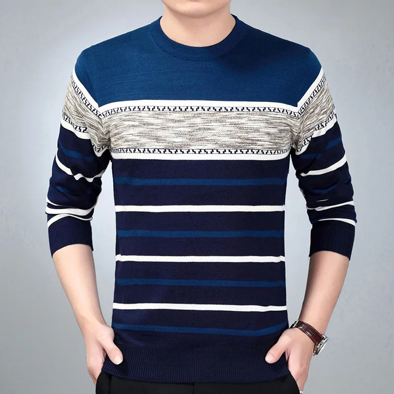 

2019 new arrival winter thick crew neck patchwork stripe polyester cotton man sweater, Plain