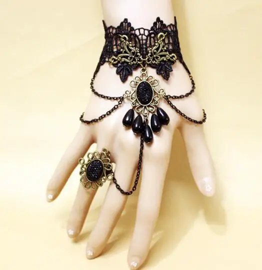 

Handmade Gothic Lolita Retro Lace Slave Bracelet Ring Wedding Wristband Black Beads