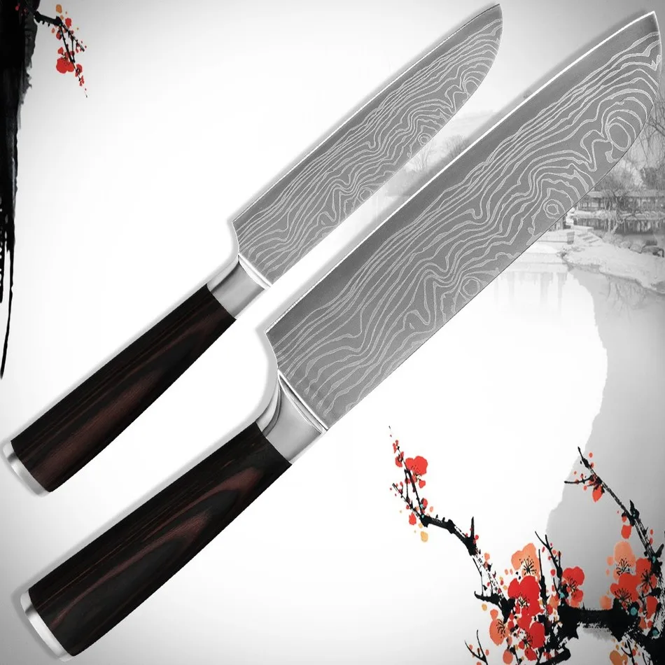 

Stainless Steel Knives Set High Density Santoku Kitchen Knives with Laser Pattern, As the picture show