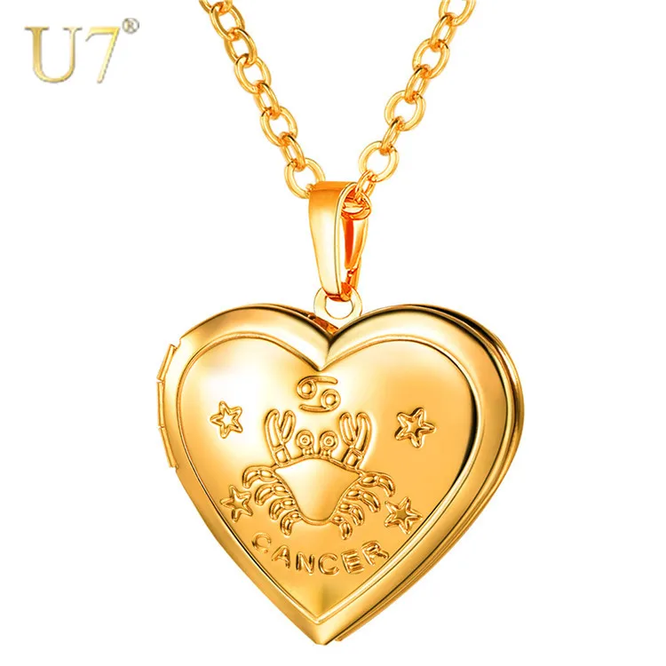 

U7 Personalized Gift 18K Gold Plated Astrological Jewelry Cancer Zodiac Heart Locket Necklace, Gold/silver color