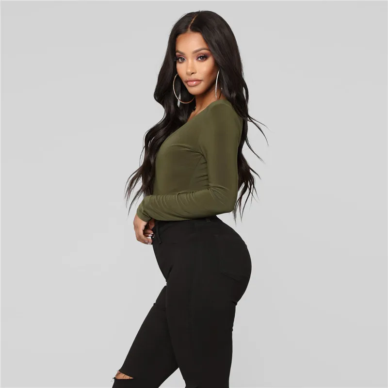 2018 New Plain Solid Green Long Sleeves Snap Crotch Custom Women Bodysuit Thong Bodysuit - Buy 