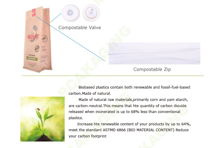 Manufacturer Resealable PLA plastic Coffee Bag Packaging Bag Corn Starch Based Biodegradable Bag