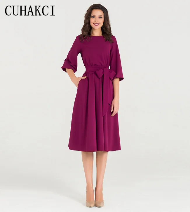 

CUHAKCI Summer Fashion Women Casual Loose Elegant Dress Long Sleeve O-Neck Lantern Sleeve Dress With Belt Party plus size dress, Khaki, wine red, green, royal blue,purple red