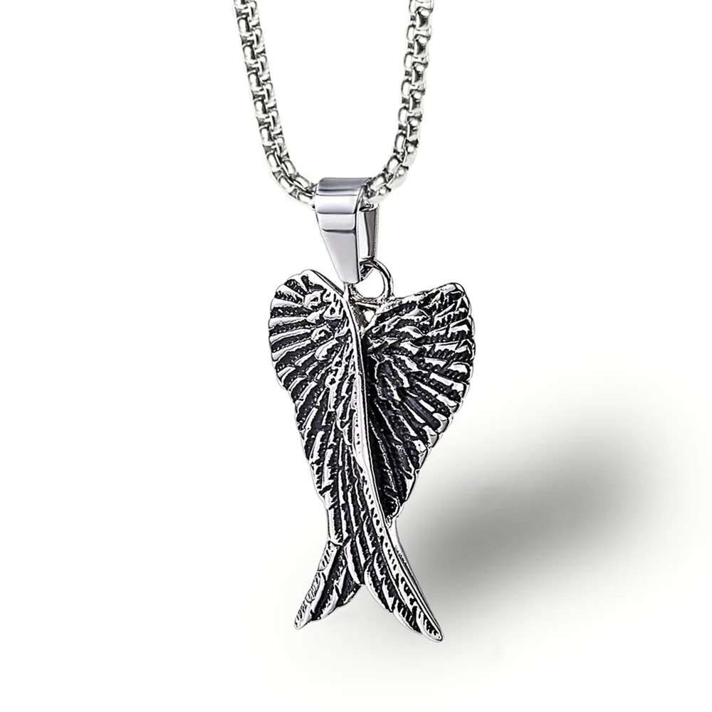 MECYLIFE Stainless Steel Vintage Necklace Jewelry Personalized Unisex Guardian Angel Wing Pendant Necklace