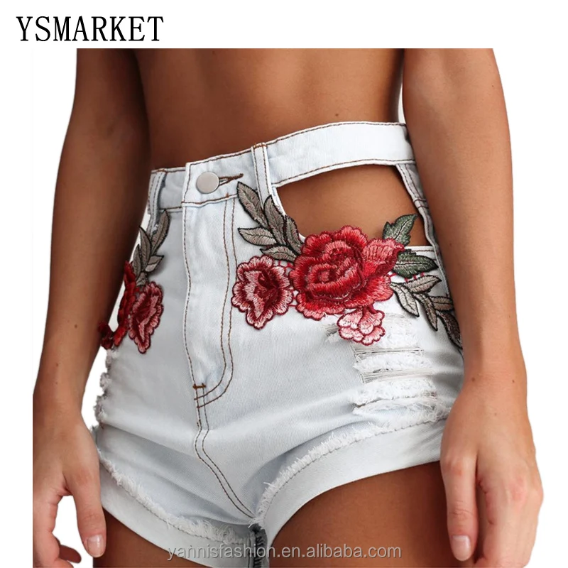 

24-30 Sizes Summer Women's Flowers Embroidered Holes Short Washed High Waisted Denim Shorts E823, N/a