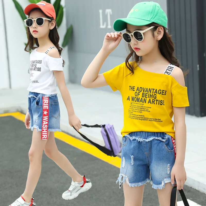 

Korean Design Children T-shirt And Short Jeans Summer Fashion Girls Outfits Set Kids Girls Clothing Sets, Picture