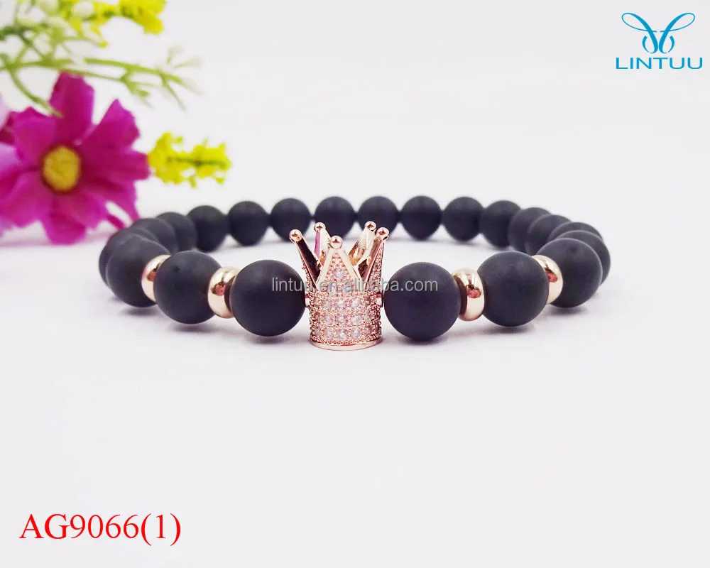 

Jewelry Luxury Mens Black Agate Stone CZ Crown Bead Handmade Bracelet