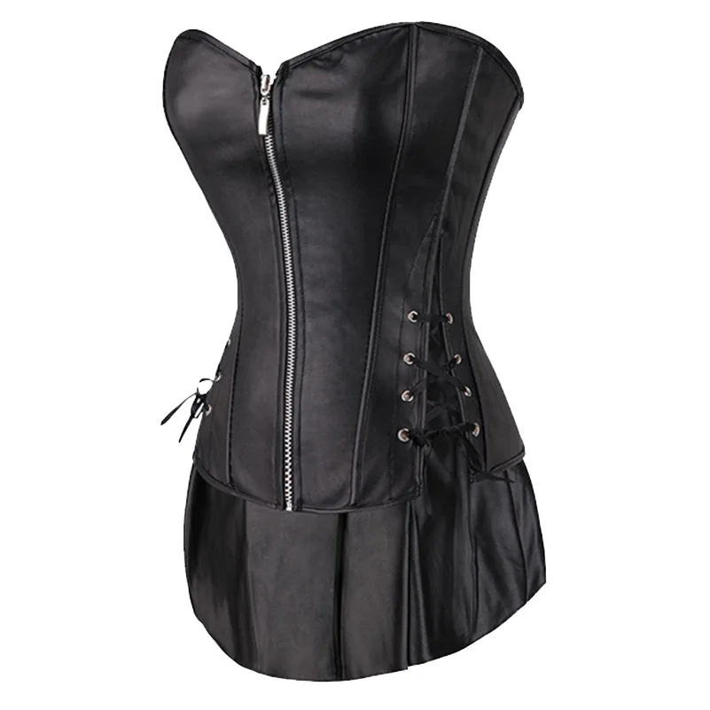 

Women's Strapless Exposed Corset Skirt Set Front Zipper Party Backless A-line Bodycon Mini Dress, Black