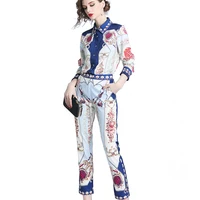 

Autumn Europe and America Women Fashion Turn Down Collar Long Sleeve Button Shirt Skinny Pants Baroque Print Twinset