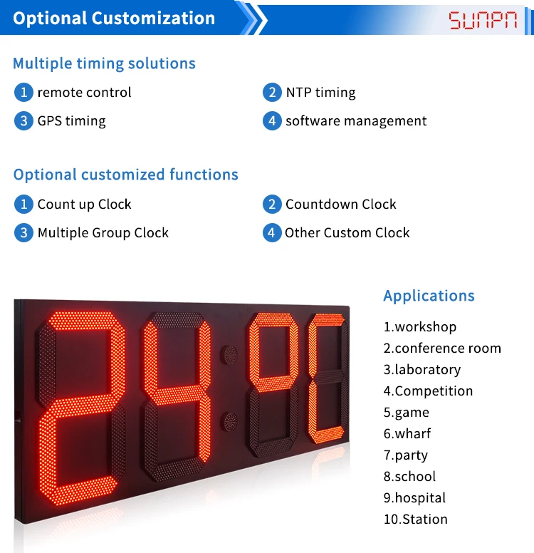 Wholesale Customizable LED Normal Design 4 Digit 3/4/5/6/8/10/12 Inch Clock 7 Segment Clock Digital Display