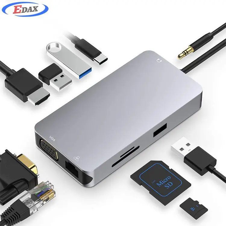 

Premium 10 in 1 USB C Hub with HDMI VGA RJ45 TF SD Audio USB3.0 USB-C female charging port, Silver