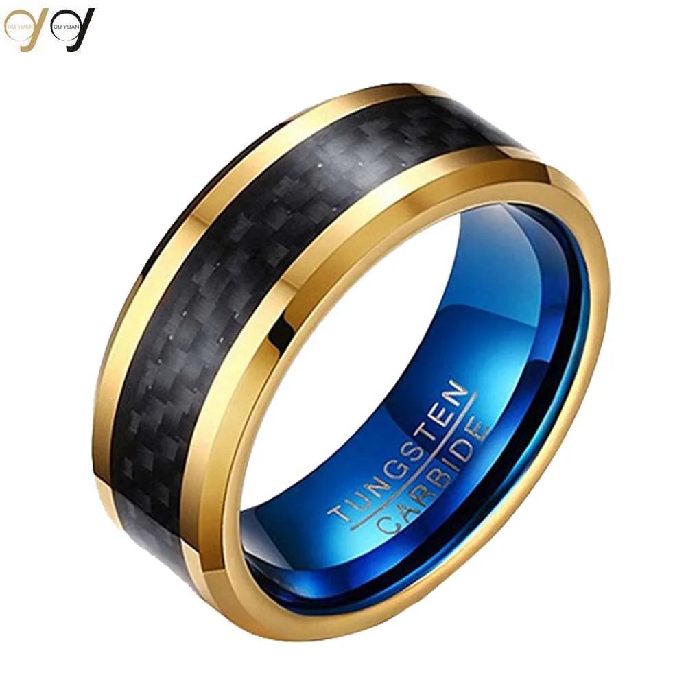 Mens 8mm Tungsten Carbide Black Carbon Fibre Inlay 18k Gold Blue Vintage Wedding Band