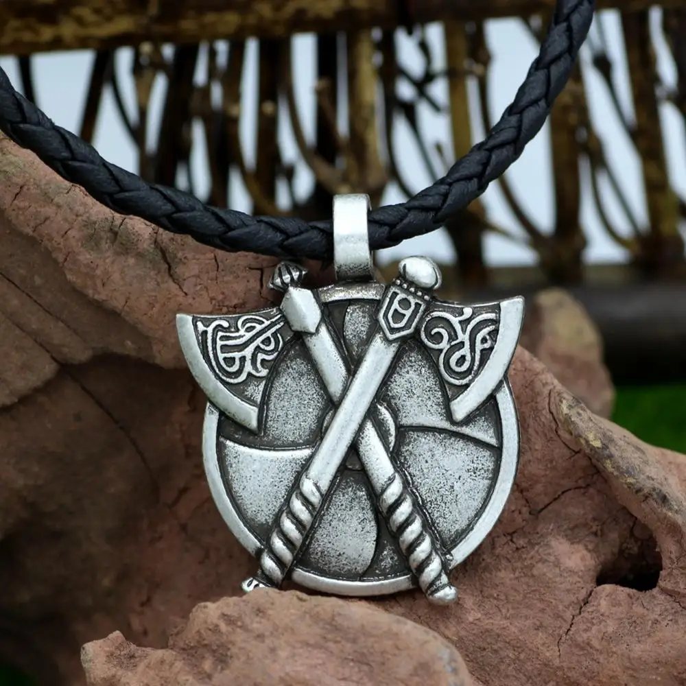 

Norse Vikings Amulet Axe PENDANT Necklaces Hammer Of Thor Mjolnir Pendant Leather Rope Necklaces Animal Knot Viking Jewelry, Antique silver