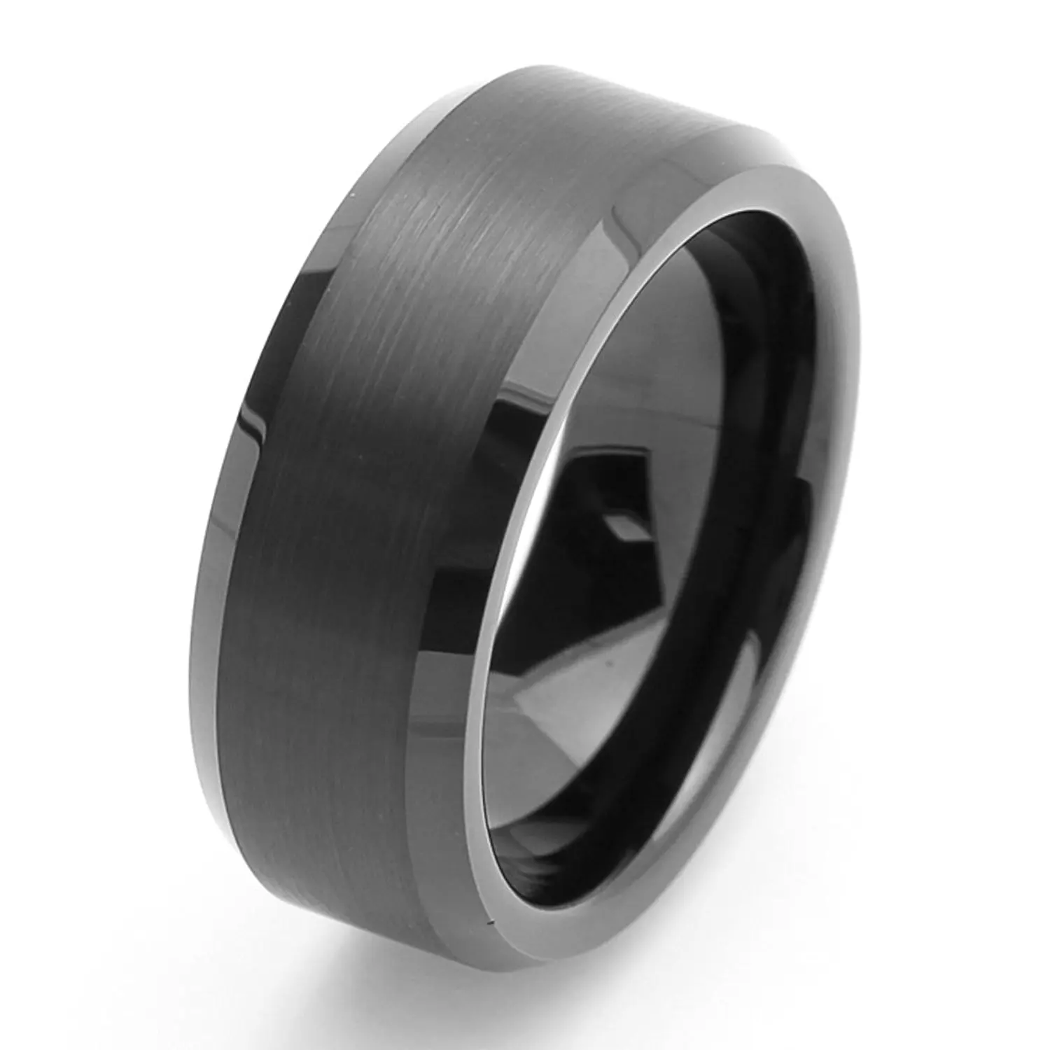Double Accent 8MM Comfort Fit Tungsten Carbide Wedding Band Carbon Fiber Inlaid Beveled Ring 7 to 14