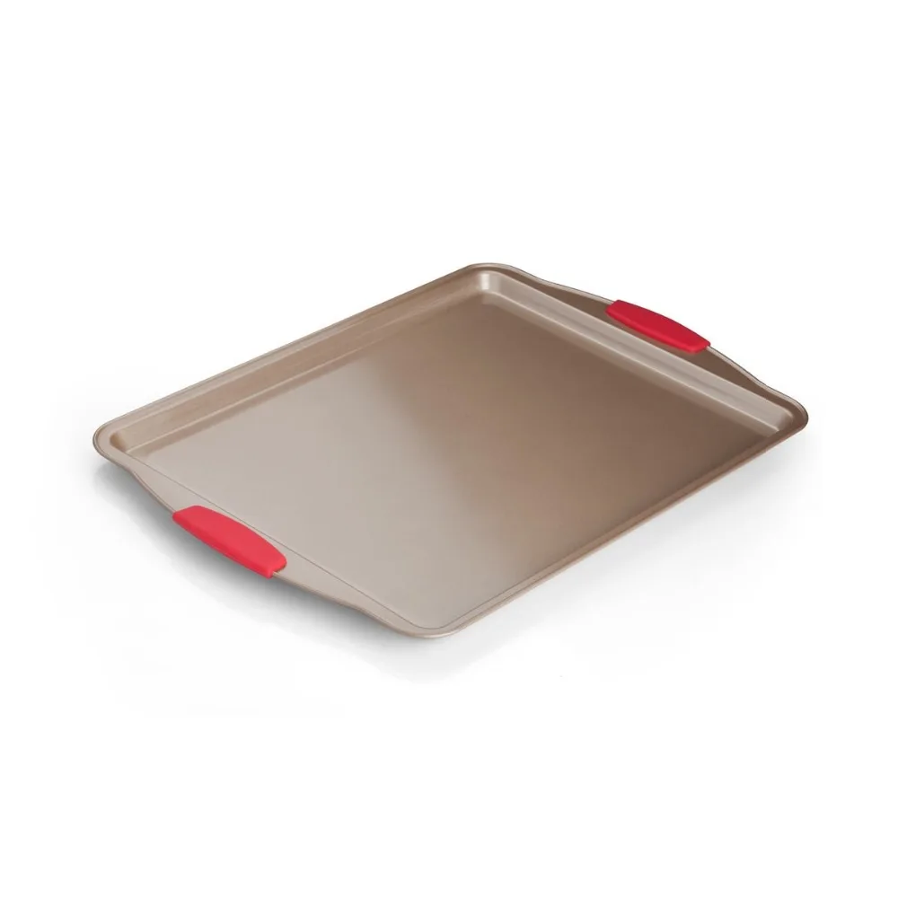 
Nonstick Gold Carbon Steel Essentials Bakeware Set with Red Silicon Grips 