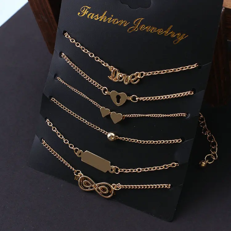 

Wholesale New Fashion Design Gold Plated Chain Ankle Bracelet Love Heart Foot Chain Infinity Anklets Set For Women, As picture