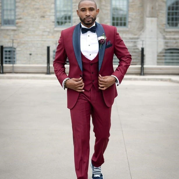 2019 Slim Fit Burgundy Groom Tuxedos Excellent Men Wedding Tuxedos High Quality Men Formal Business Prom Party Suit(Jacket+Pants