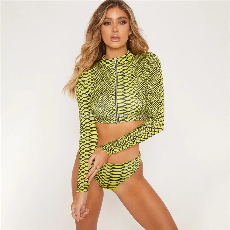 

Women Sexy Bikini Set Long Sleeve Zip Up High Neck Crop Top Swimsuit Snake Skin Printing Low Waist Thong Beachwear suit, Flower