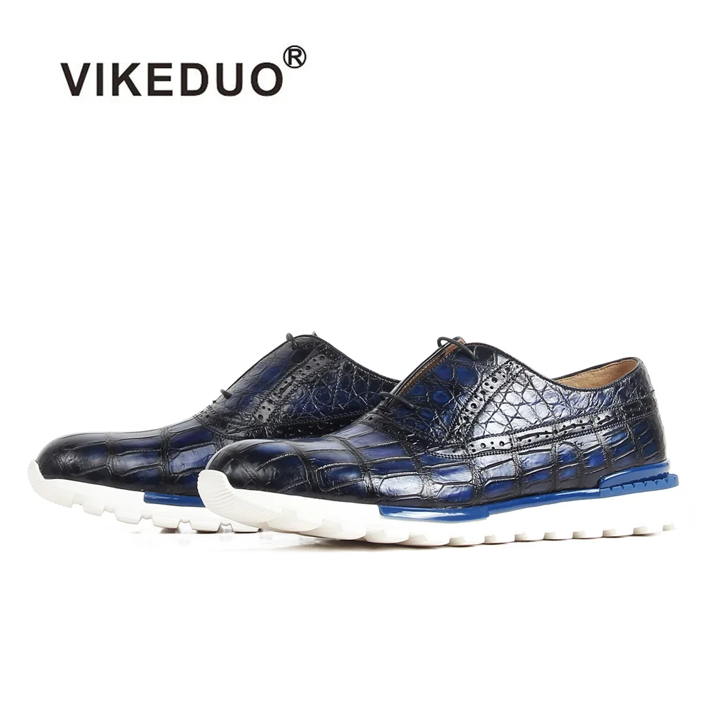 

Vikeduo Hand Made Retro Blue Lacing Brogues Guangzhou Shoe Crocodile Leather Casual Shoes For Men Summer 2020