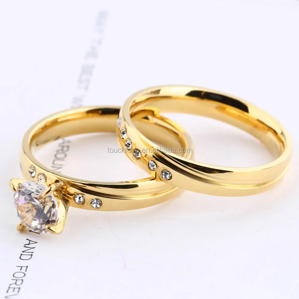 stainless steel gold plated ring set , china jewelry wholesale cz ring