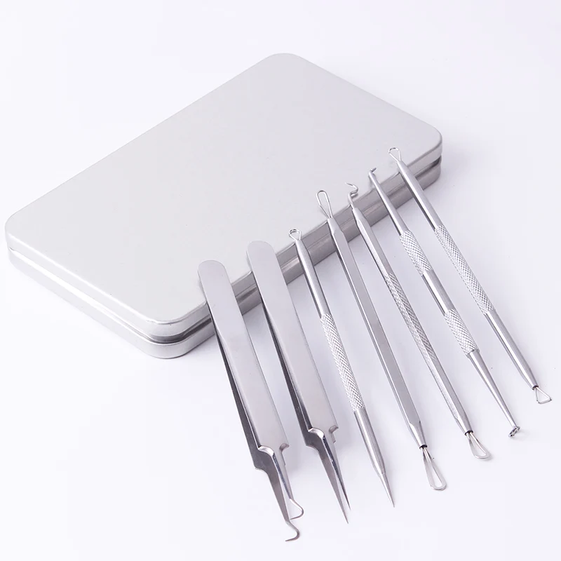 

LOW MOQ Connie Cona 7pcs pimple acne remover blackhead extractor stainless steel, Silver tools;silver tin box