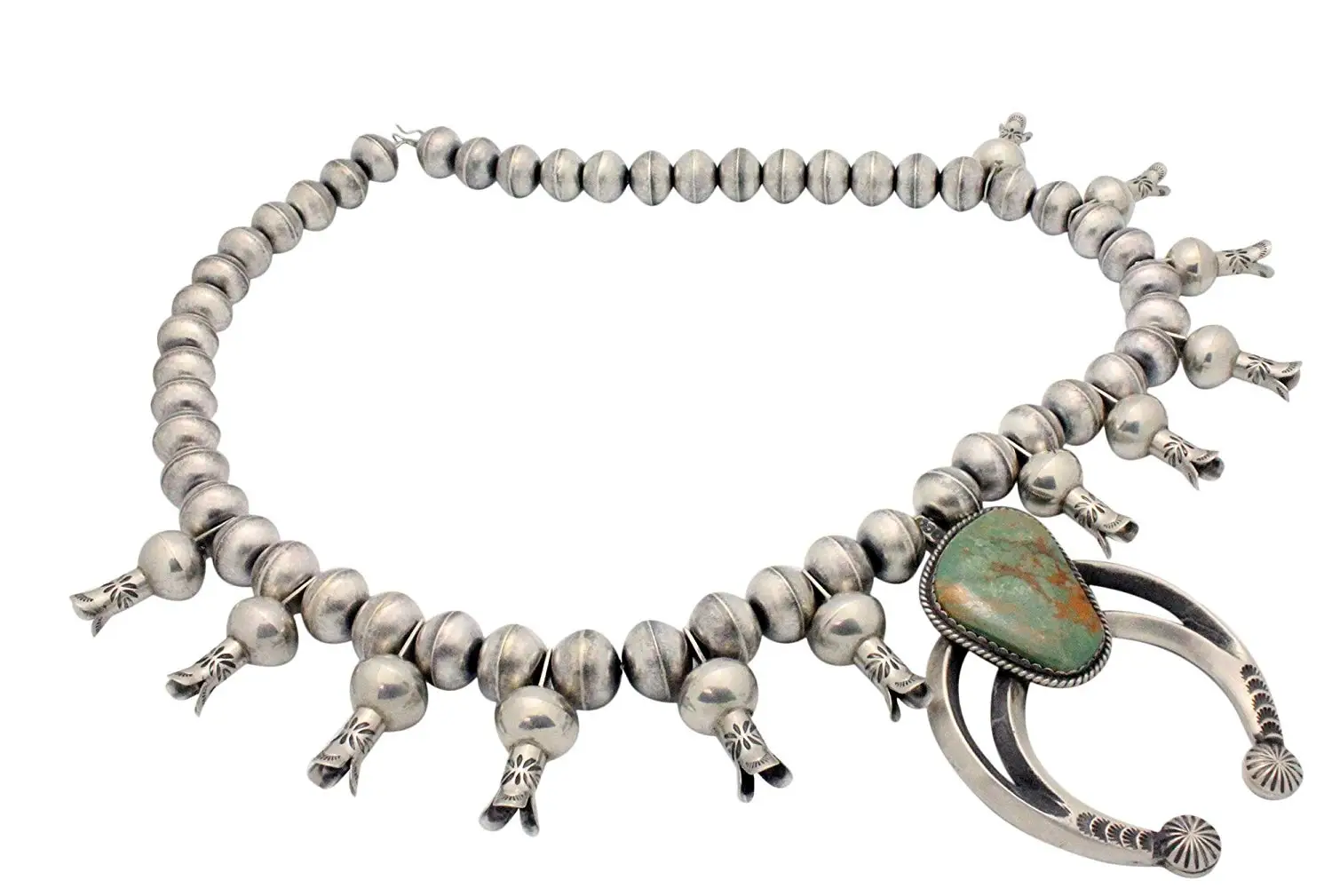 Daughter of the Water Chunky Metalwork Cabochon Squash Blossom Turquoise Stone Cuff Bracelet