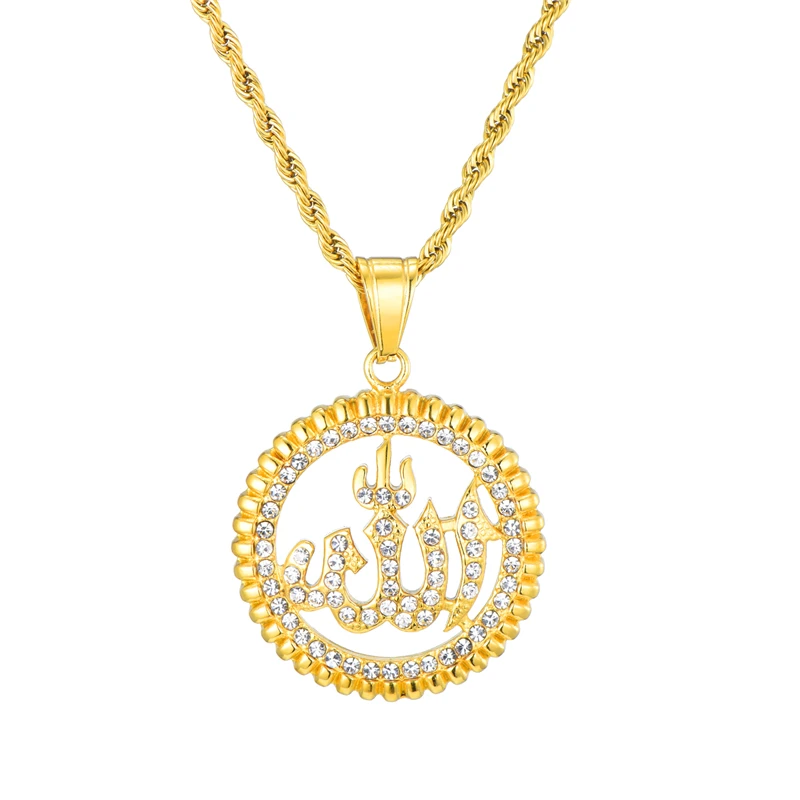 

2019 new design 18K Gold Plated stainless steel Religion Jewelry Gold Plated Crystal Islam Muslim Allah Pendant Necklace