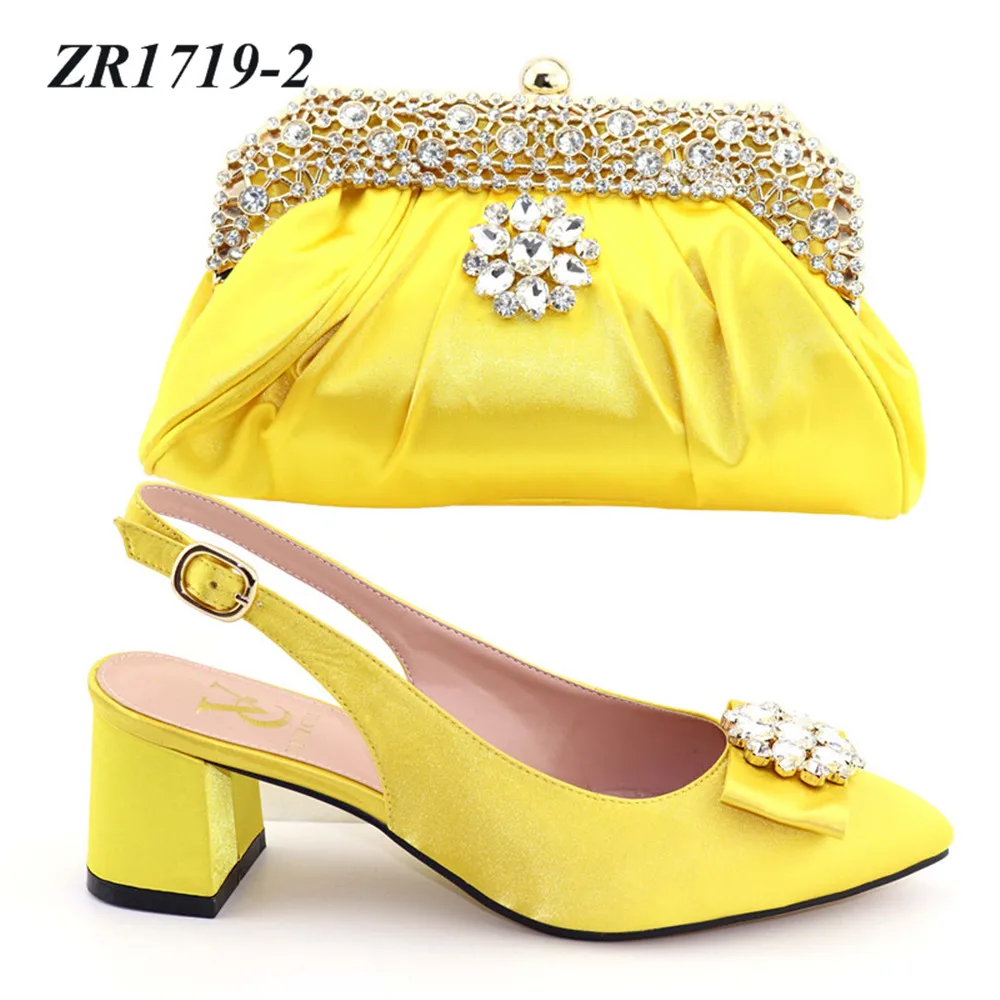 

Hot sale yellow color nice design Low heel shoe bag set With stones High Quality women shoes
