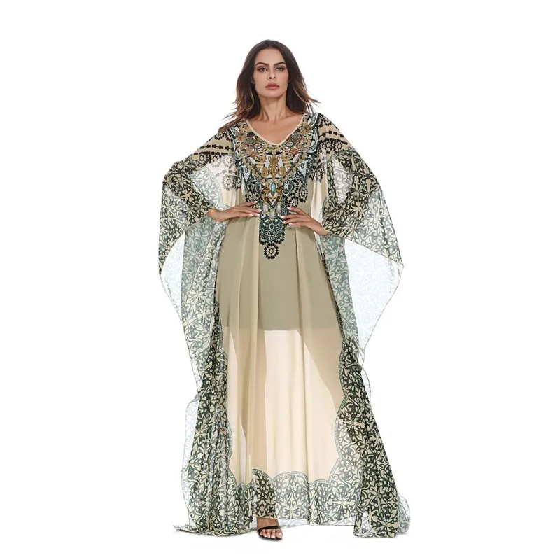 

Islamic Women Abaya Muslim Dress Chiffon Batwing Sleeve Print Turkey Dubai Long Gown Middle East Arab Maxi Dresses Robe Y10725