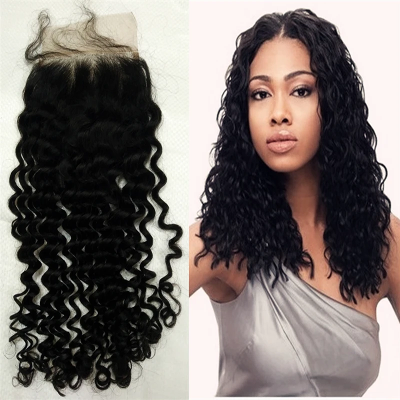 

unprocessed Brazilian virgin hair kinky straight deep wave 4X4 free part swiss lace hair top closure