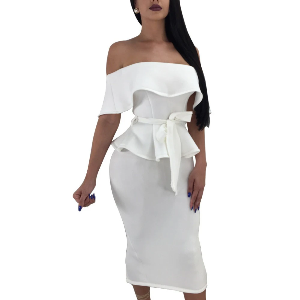 

Slash Neck Sexy Off the Shoulder Ruffles Sleeveless Sexy Dress 2018 Summer Two Piece Set Bow Tie Waist Bodycon Dresses Vestidos, N/a